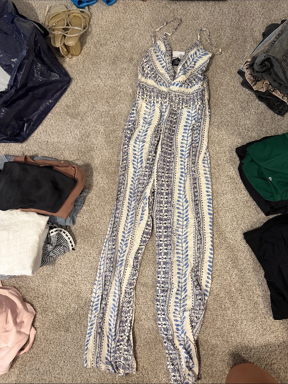 Dry Goods Blue and Cream Printed Spaghetti-Strap Jumpsuit